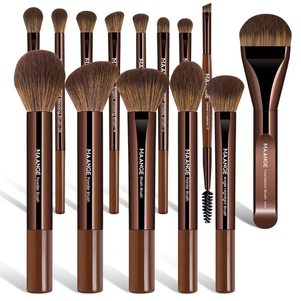 Maange 14pcs Coffee Premium Synthetic Makeup Brushes Set With Aluminum Ferrule